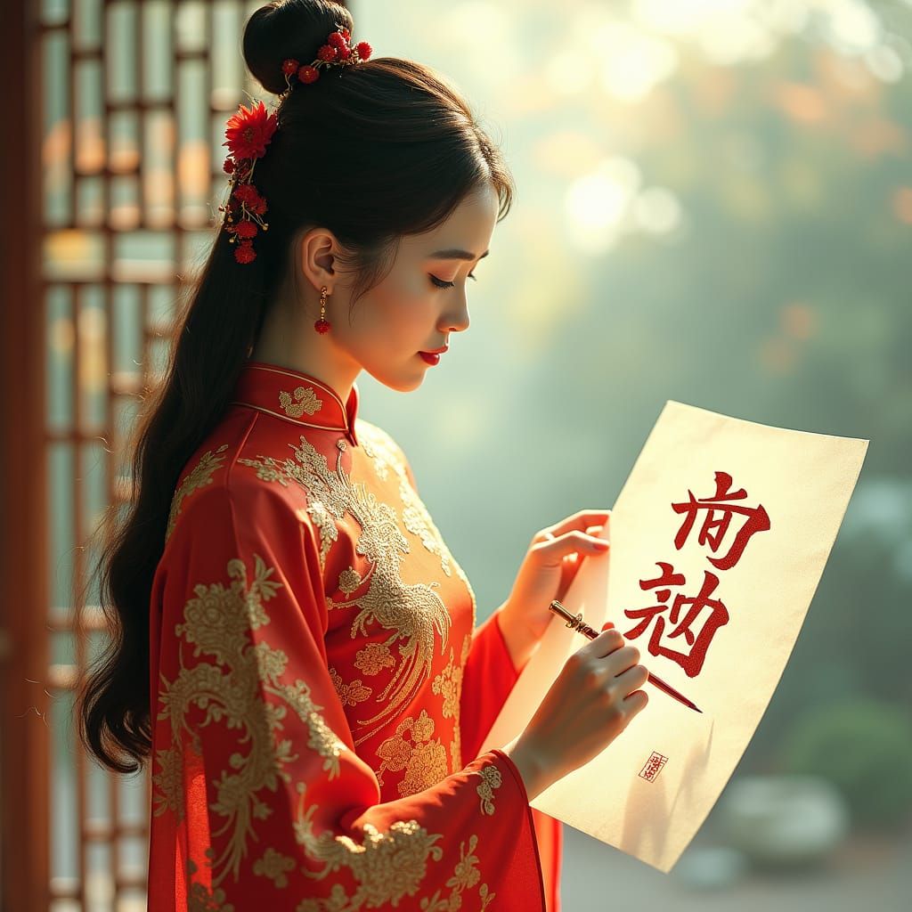 Woman in Cheongsam Writing Calligraphy in Watercolor Style