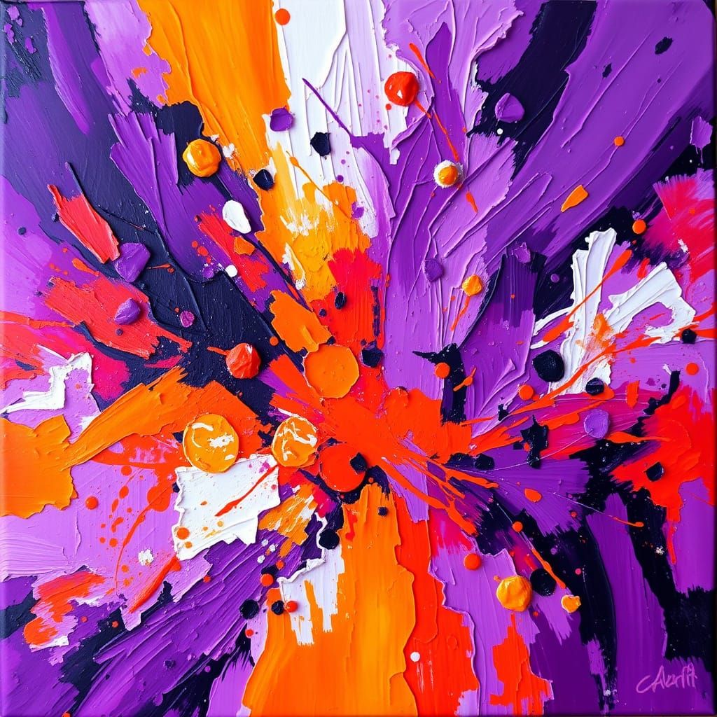 Dynamic Abstract Impasto Painting in Purple and Orange