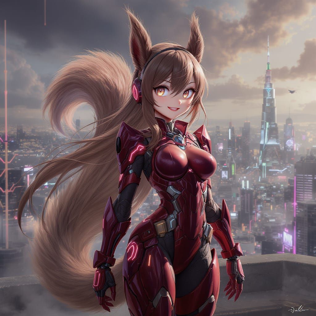 Anime key visual. A cute anime-semi-realistic style anthropomorphic Squirrel Girl with long flowing brown hair and glowi...
