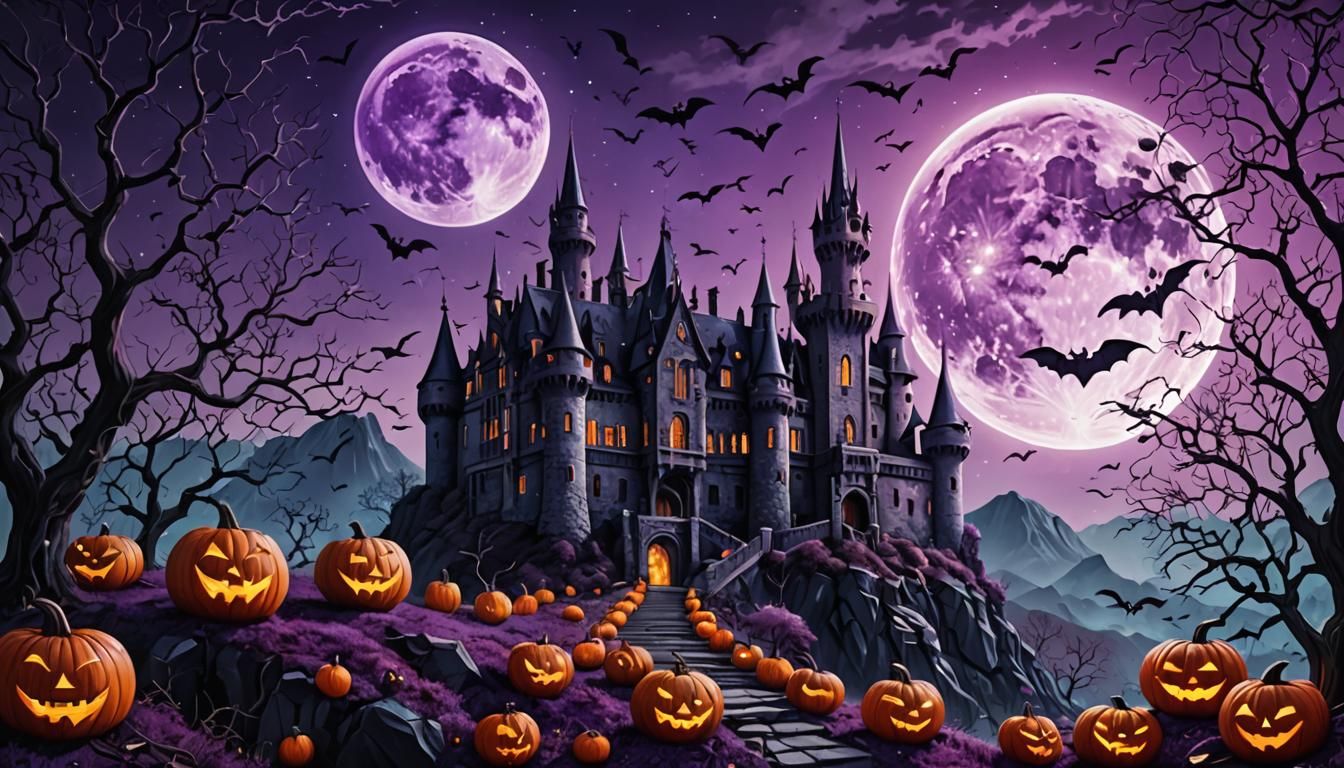 Scary Castle with Purple Moon, Bats, and Pumpkins