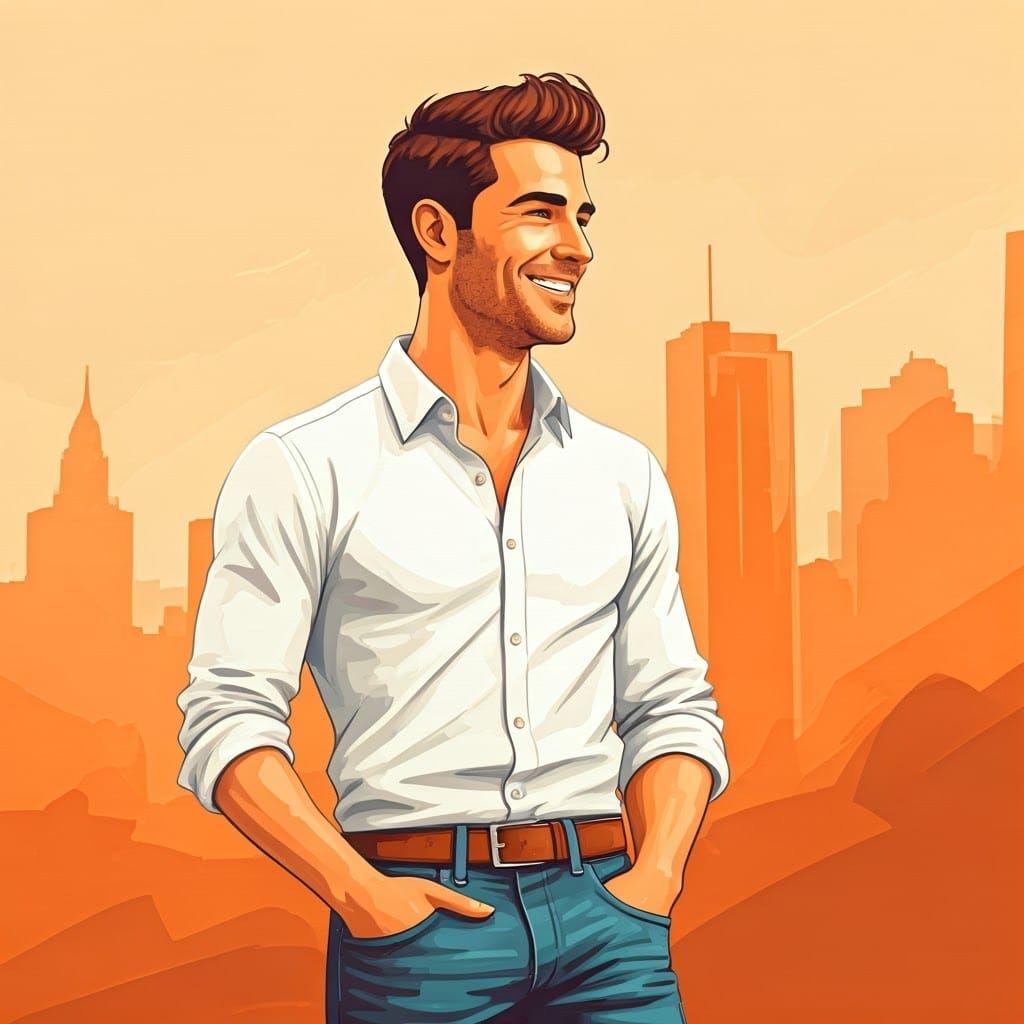 Optimistic Cityscape with Smiling Man in Minimalist Pop Art...