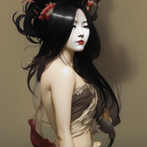 Creepy Masked Geisha Portrait in Dark Style