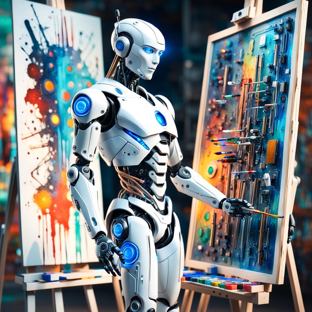Cyborg Robot Artist Painting: AI Concept Art