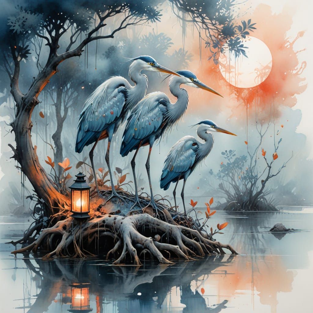 Heron Chicks in Mangrove Twilight: Sumi-e Watercolor