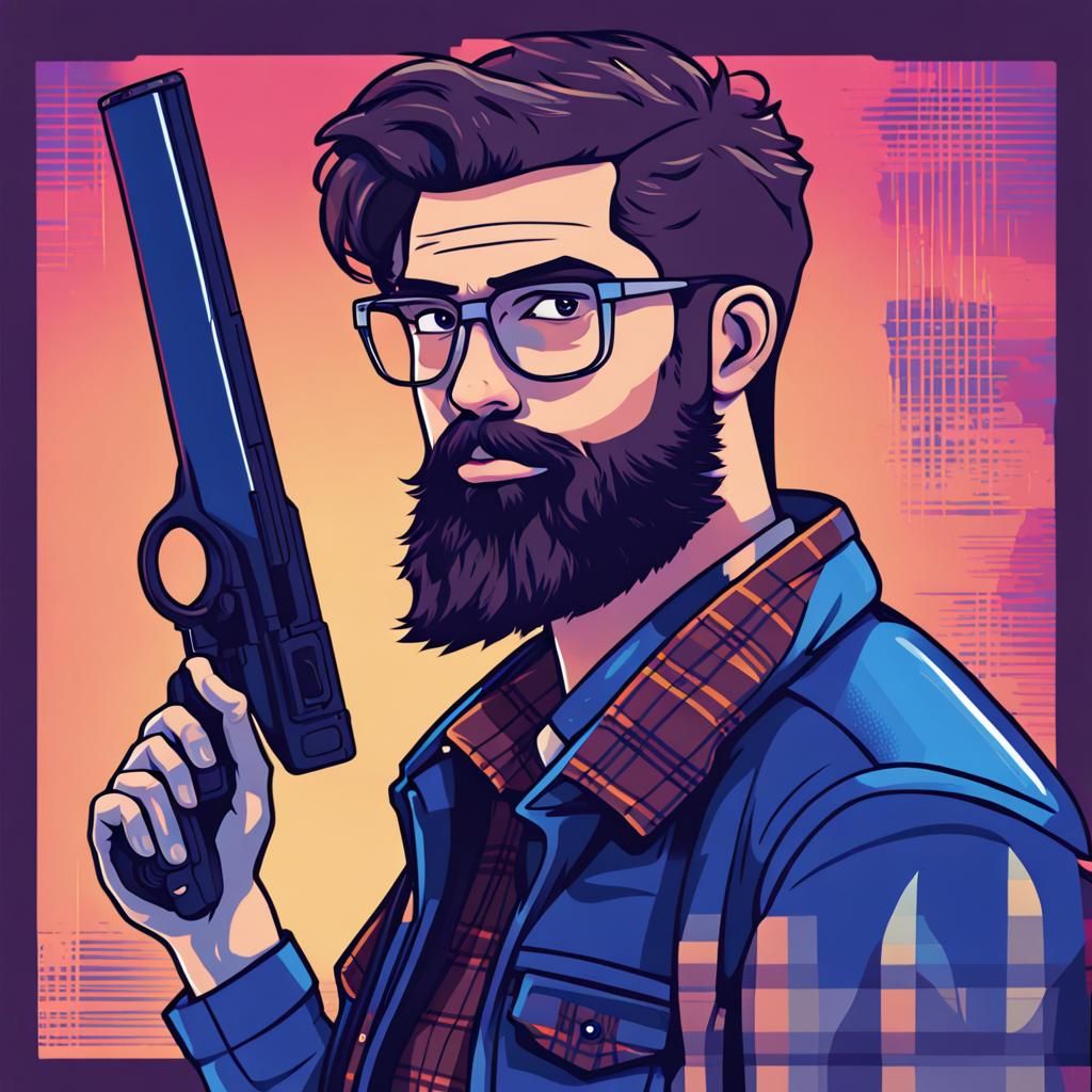 Cyberpunk Developer with Shotgun on Indigo Banner
