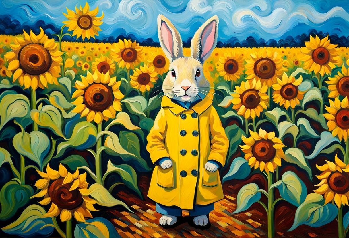 Rabbit in Sunflower Field: Neo-Impressionist Oil Painting