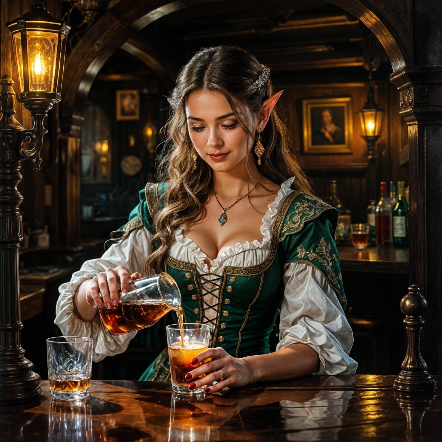 Elegant Elf Woman in Tavern, Neo-Impressionist Style