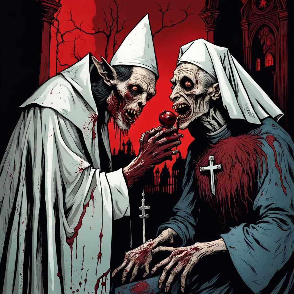 Zombie Pope Kiss: Horror Illustration in Creepy Style