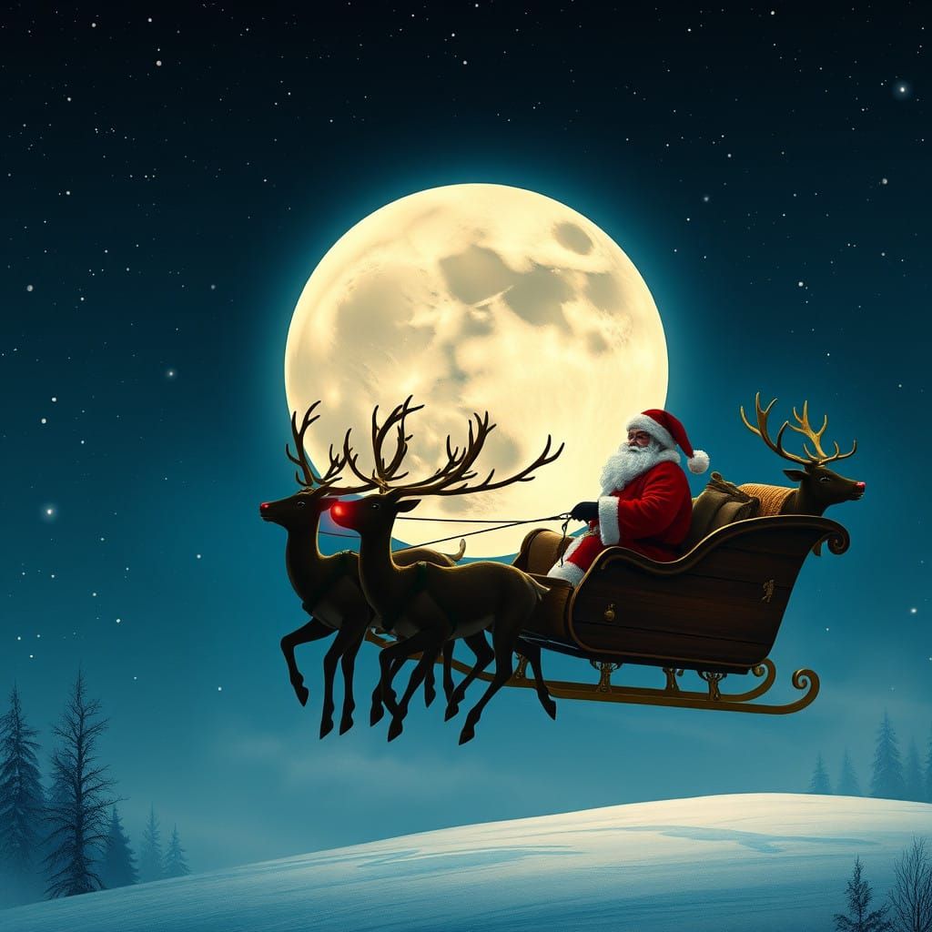 Santa Claus in a Magical Nighttime Scene with Reindeer and F...
