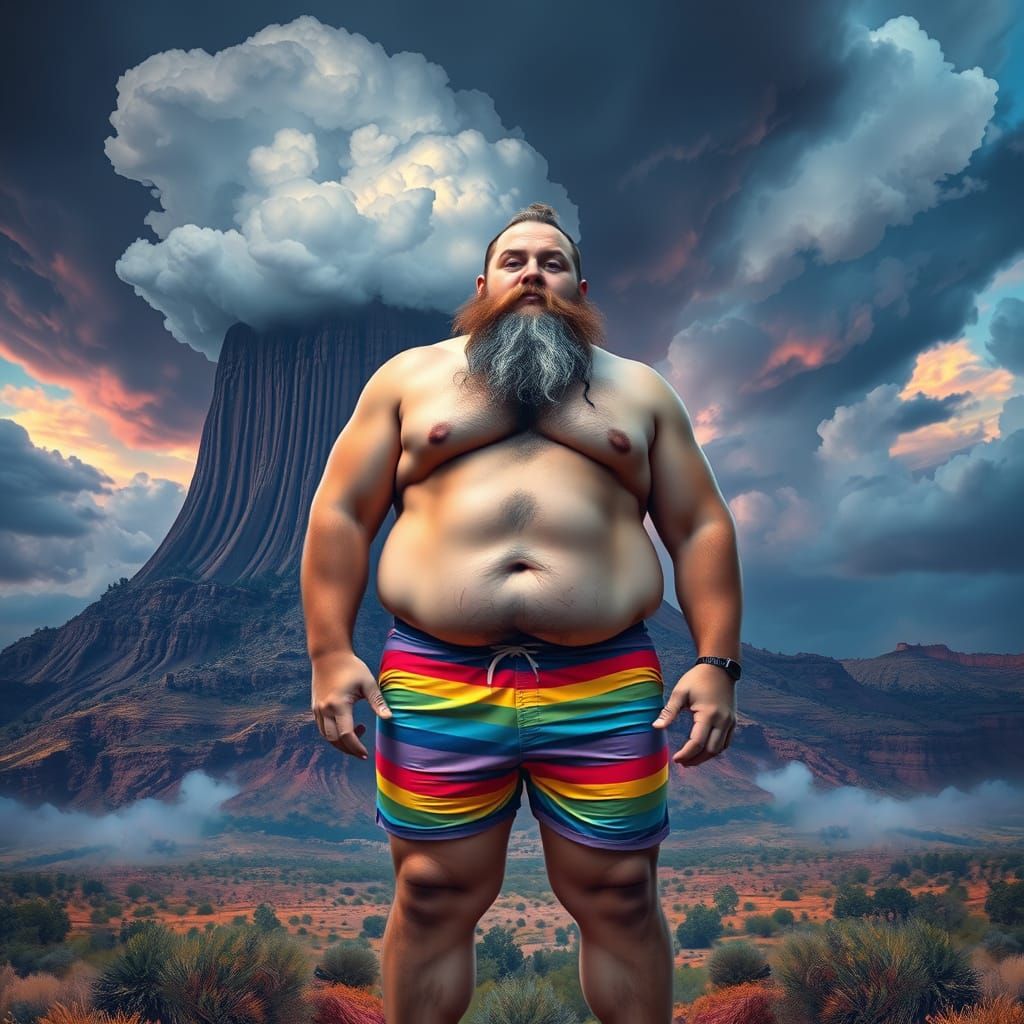 Psychedelic Storm Over Devils Tower with Rainbow Man