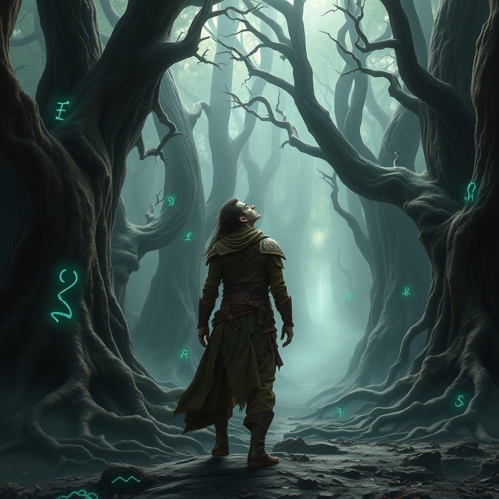 Forlorn Figure in Ancient, Mystical Forest