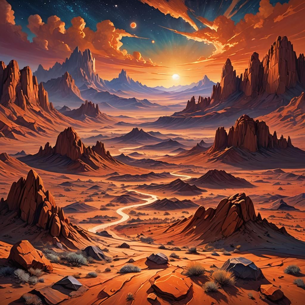 Surreal Desert Planet with Twin Suns: Oil Painting
