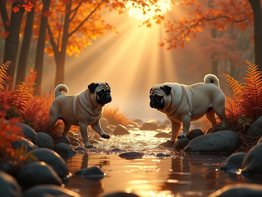 Autumn Pugs Playing in Golden Hour God Rays