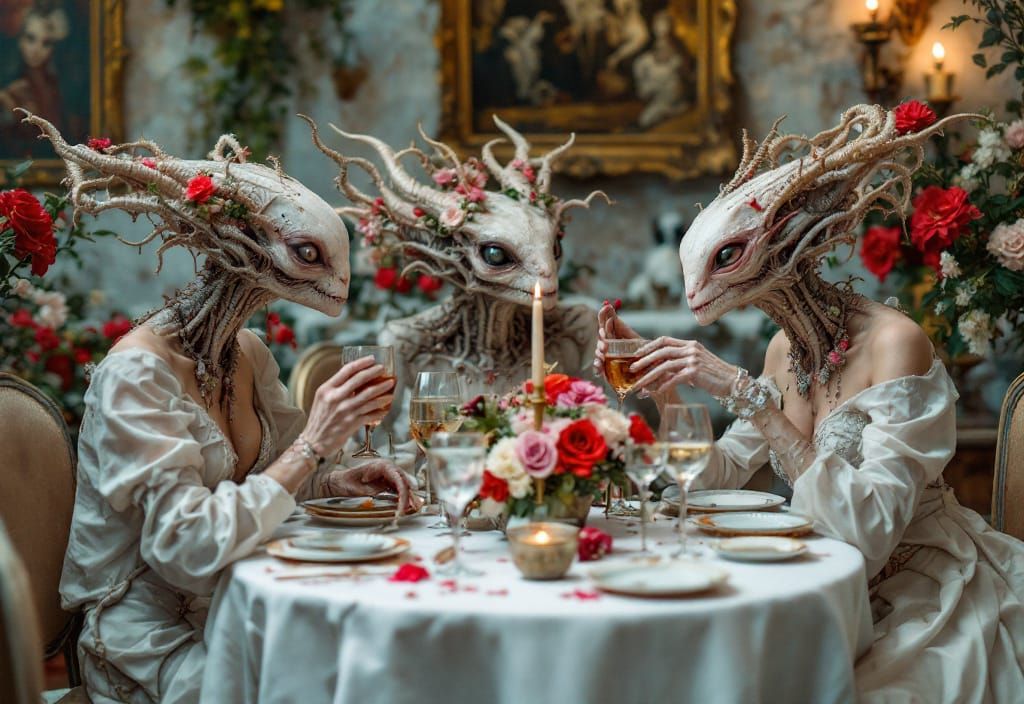 Surreal Restaurant Scene with Aliens and Humans