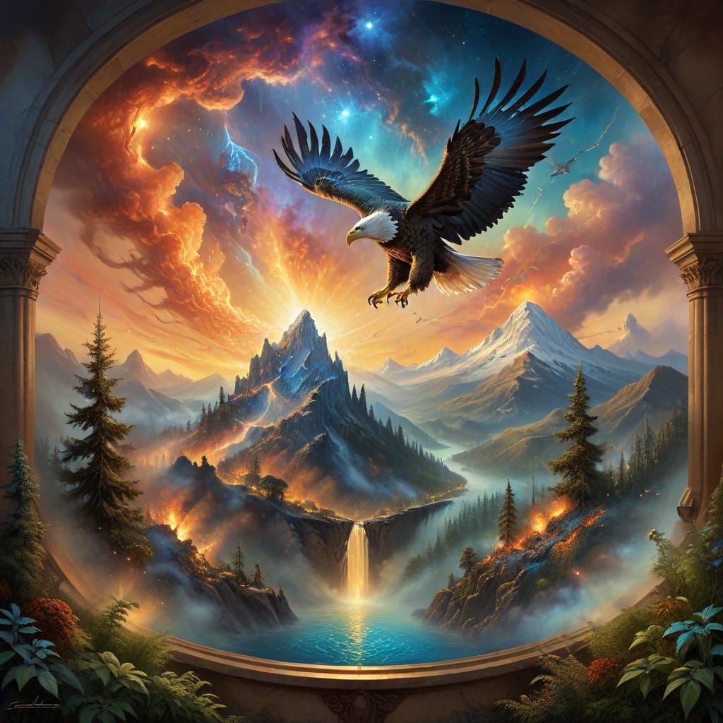 Eagle Soaring Over Burning City in Glass Dome