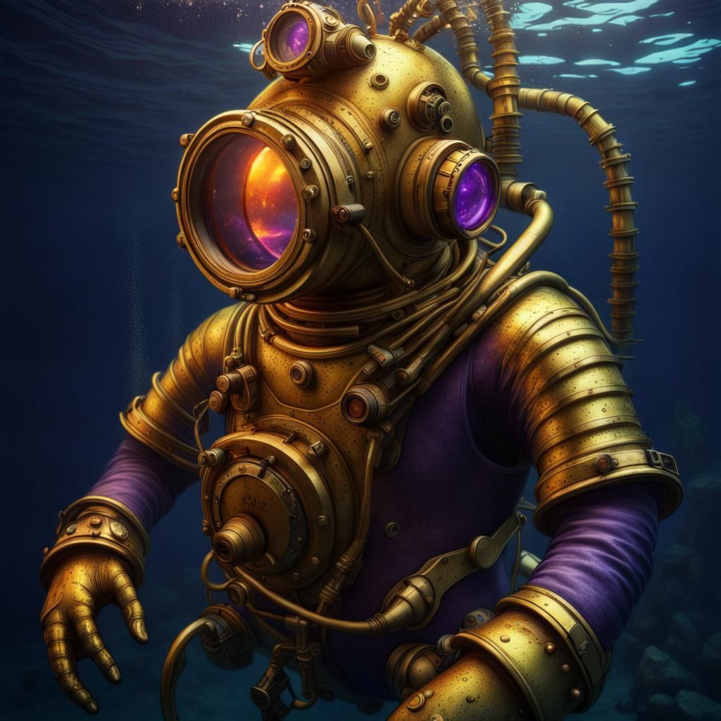 Bioluminescent Underwater Scene with Antique Diving Suit