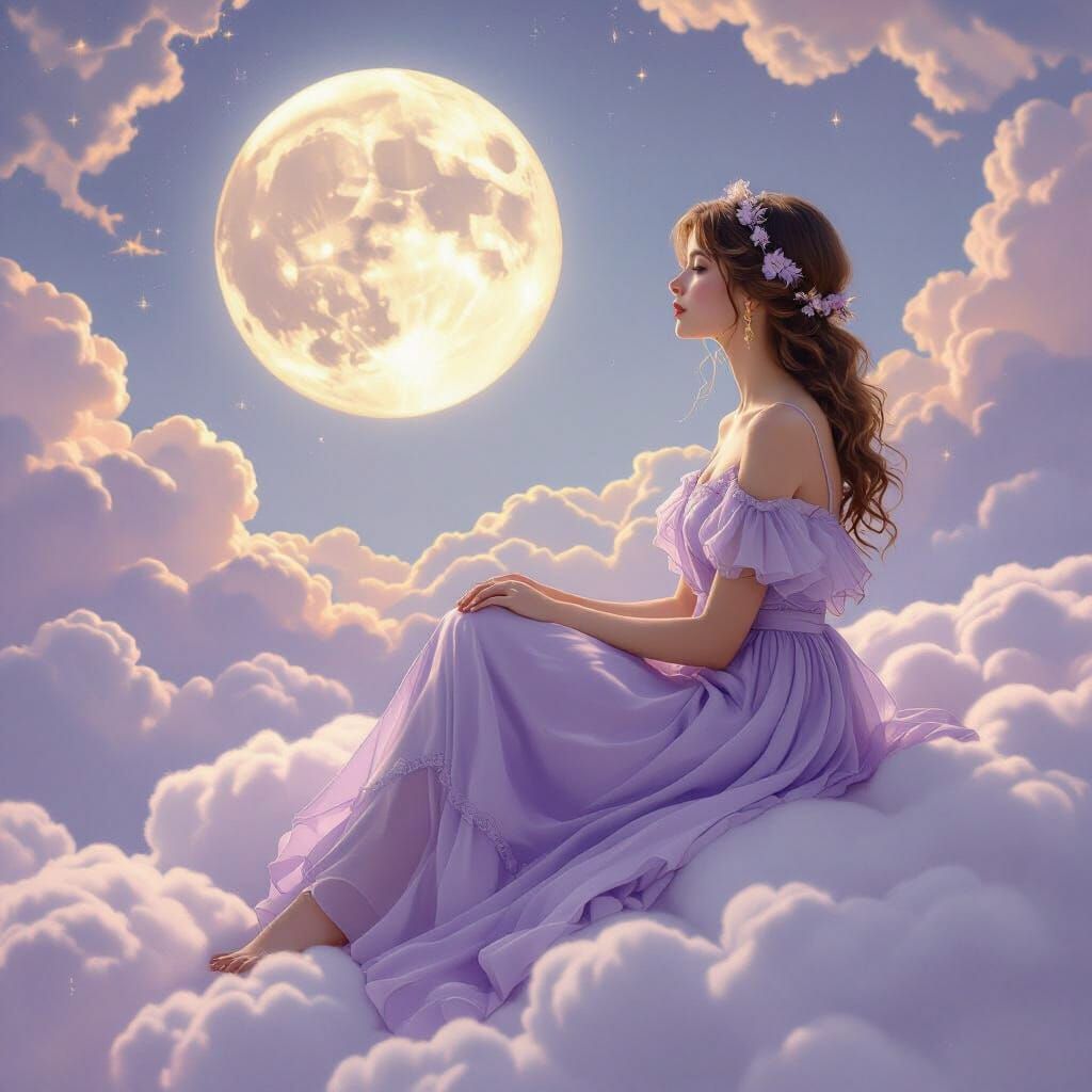 Ethereal Lady on Cloud Gazing at Moon