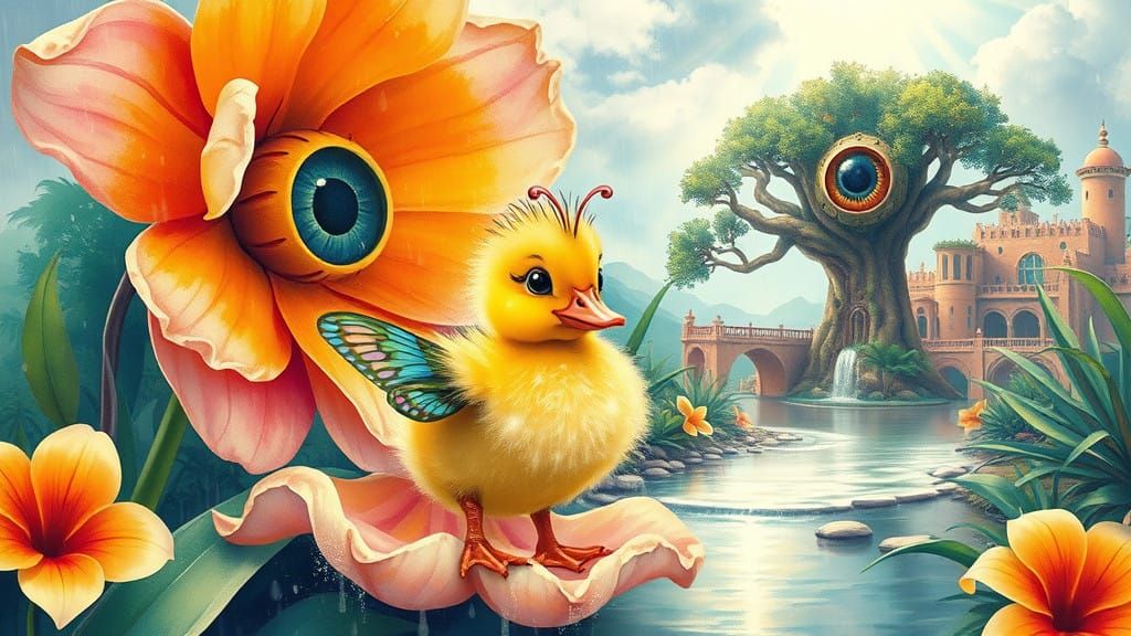Whimsical Baby Duck Dances in Vibrant Flower Petals