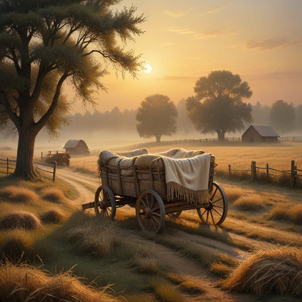 Dreamy Countryside Night in Rustic Folk Art Style