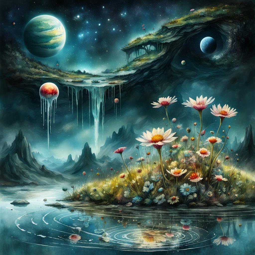 Surreal Watercolor Landscape with Dripping Planets
