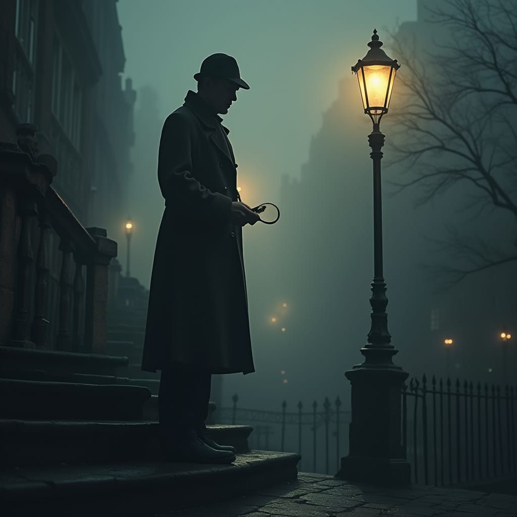 Sherlock Holmes in Mysterious London Streets at Dusk
