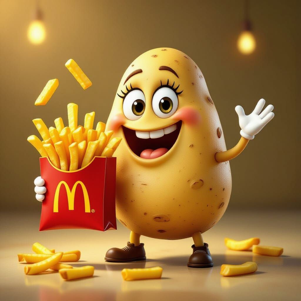 Smiling Potato Poops Fries into McDonald's Bag Cartoon