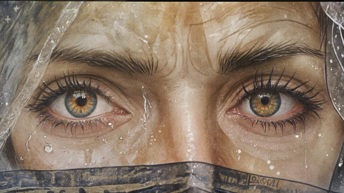 Grieving Widow Behind Black Tulle: Watercolor Portrait