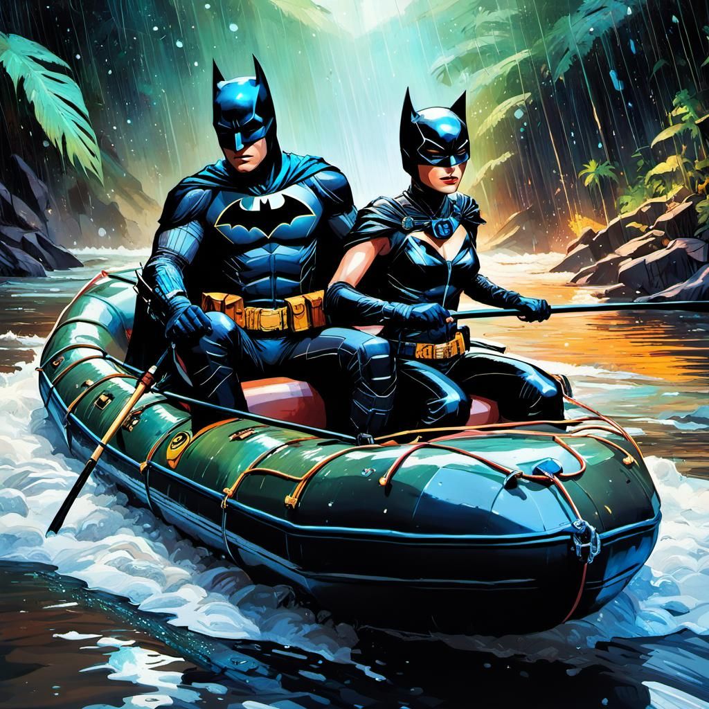 Batman and Batgirl on a rafting trip
