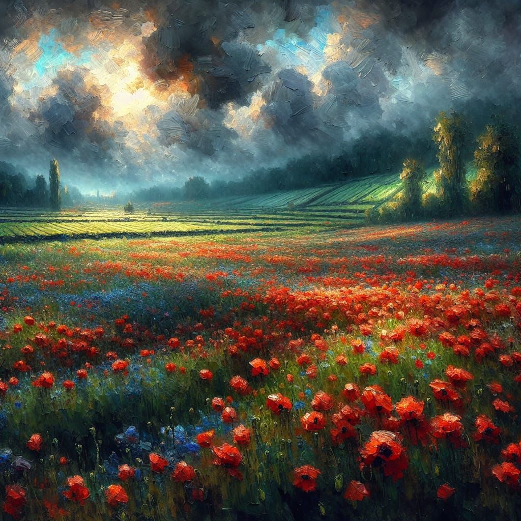 Flanders Poppy Field: Impasto Painting with Sunlight