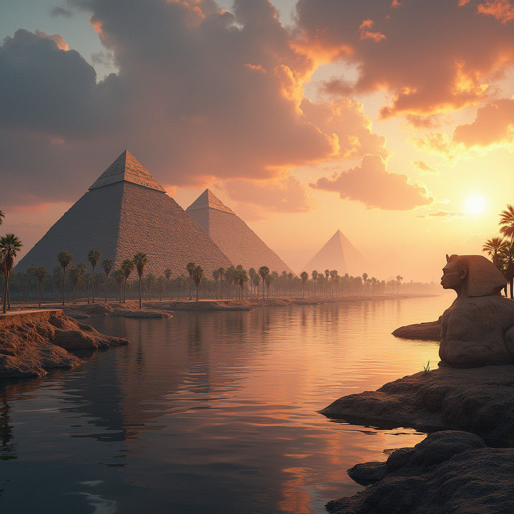 Egyptian Nile River with Pyramids and Sphinx