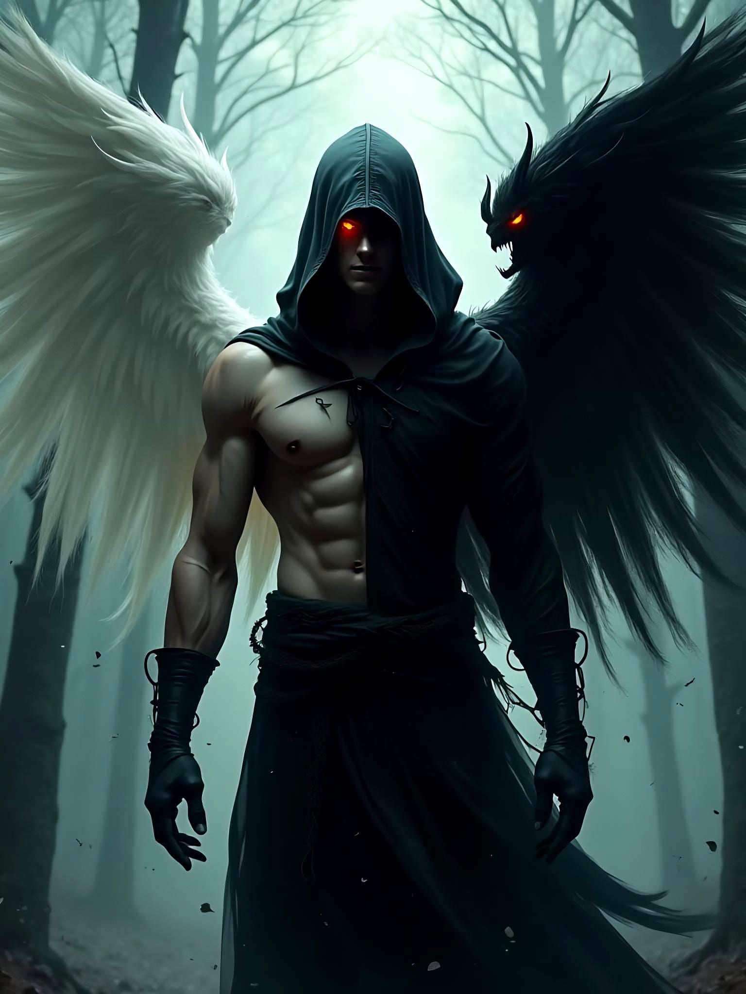 Dark Fantasy: Angelic and Demonic Figure in Forest