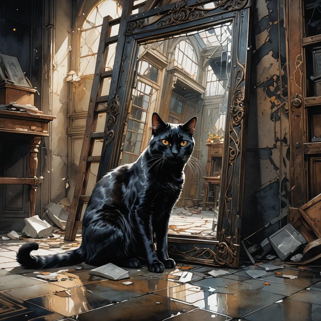 Black Cat Under Ladder: Dark Fantasy Watercolor