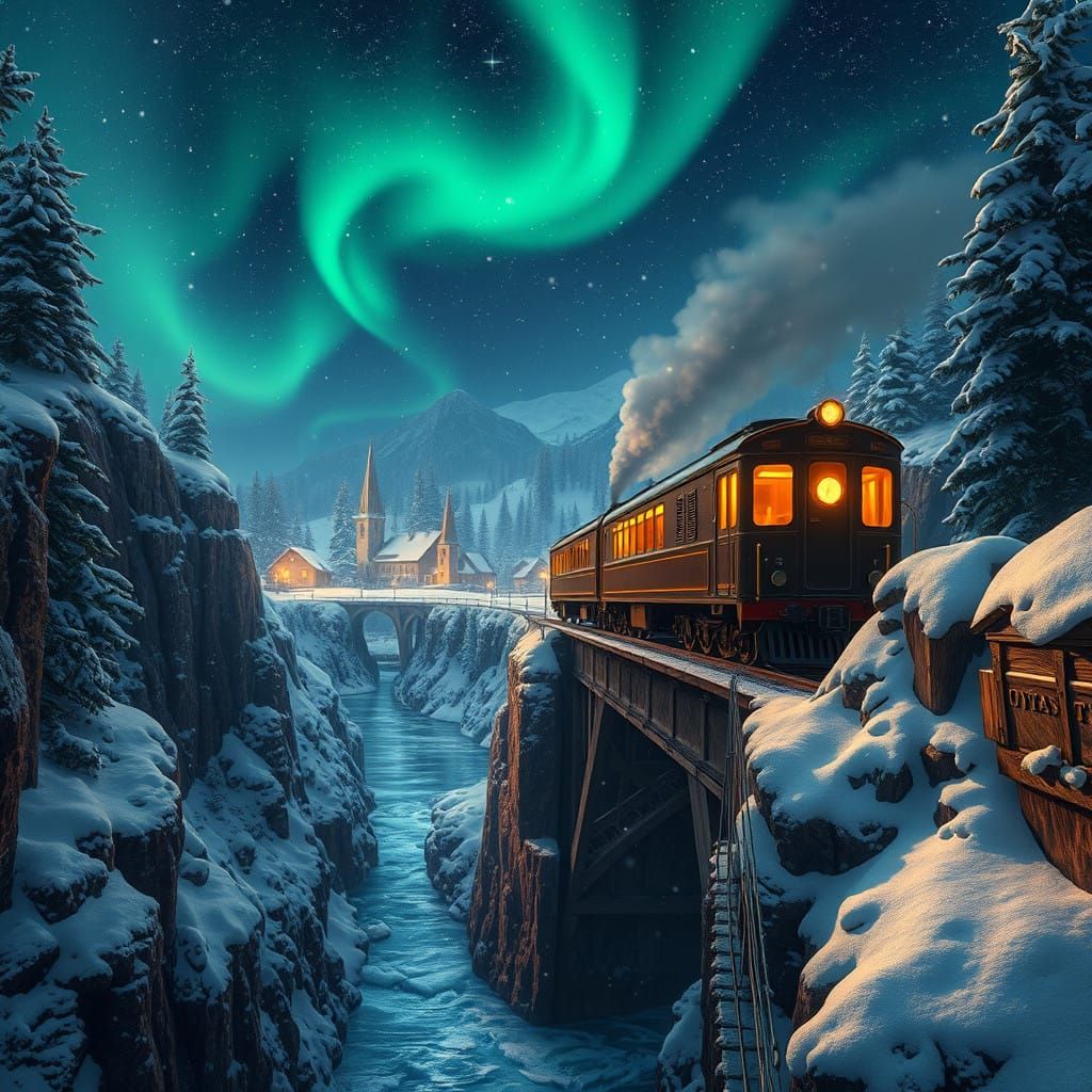 Majestic Train Crossing a Frozen Woodland Bridge