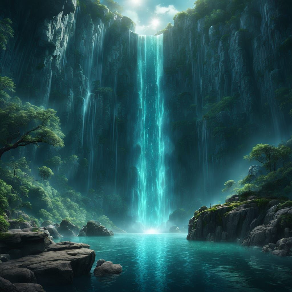 Mystical Portal Reflecting Waterfall Digital Matte Painting