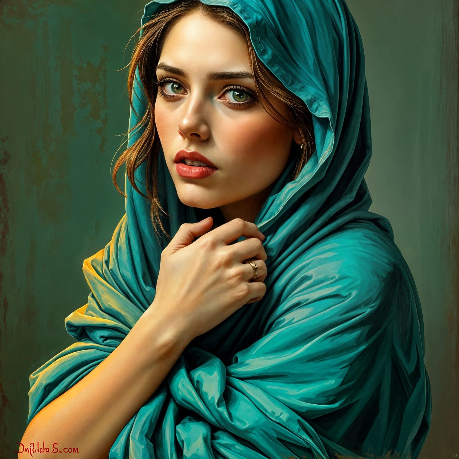 Woman in Turquoise Fabric, Post-Apocalyptic Comic Style