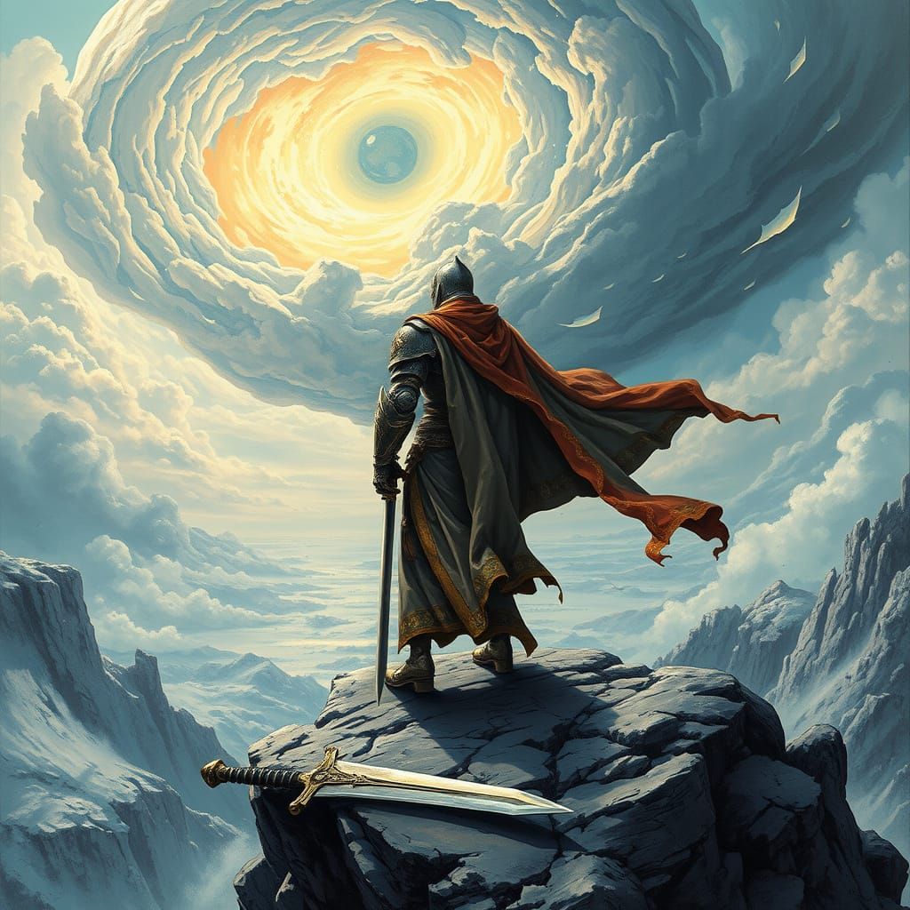 Celestial Warrior Overlooking Ethereal Battlefield