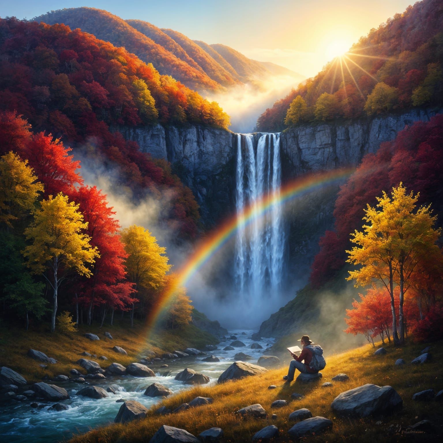 Autumn Waterfall Serenity With Sketching Traveler
