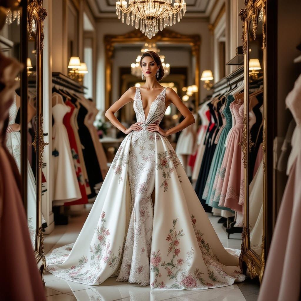 A high-fashion model poses elegantly in a Parisian boutique,...