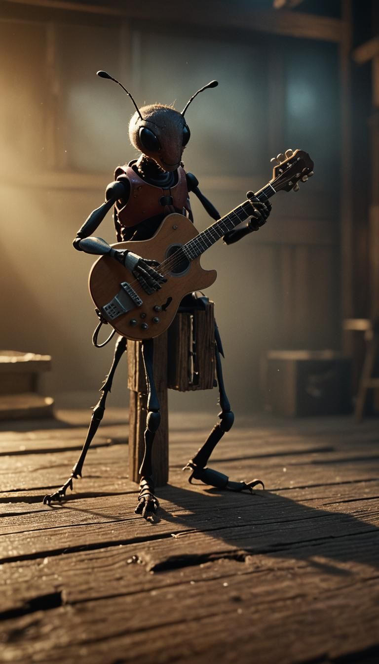 Ant Plays Guitar on Stage: Cinematic Film Still