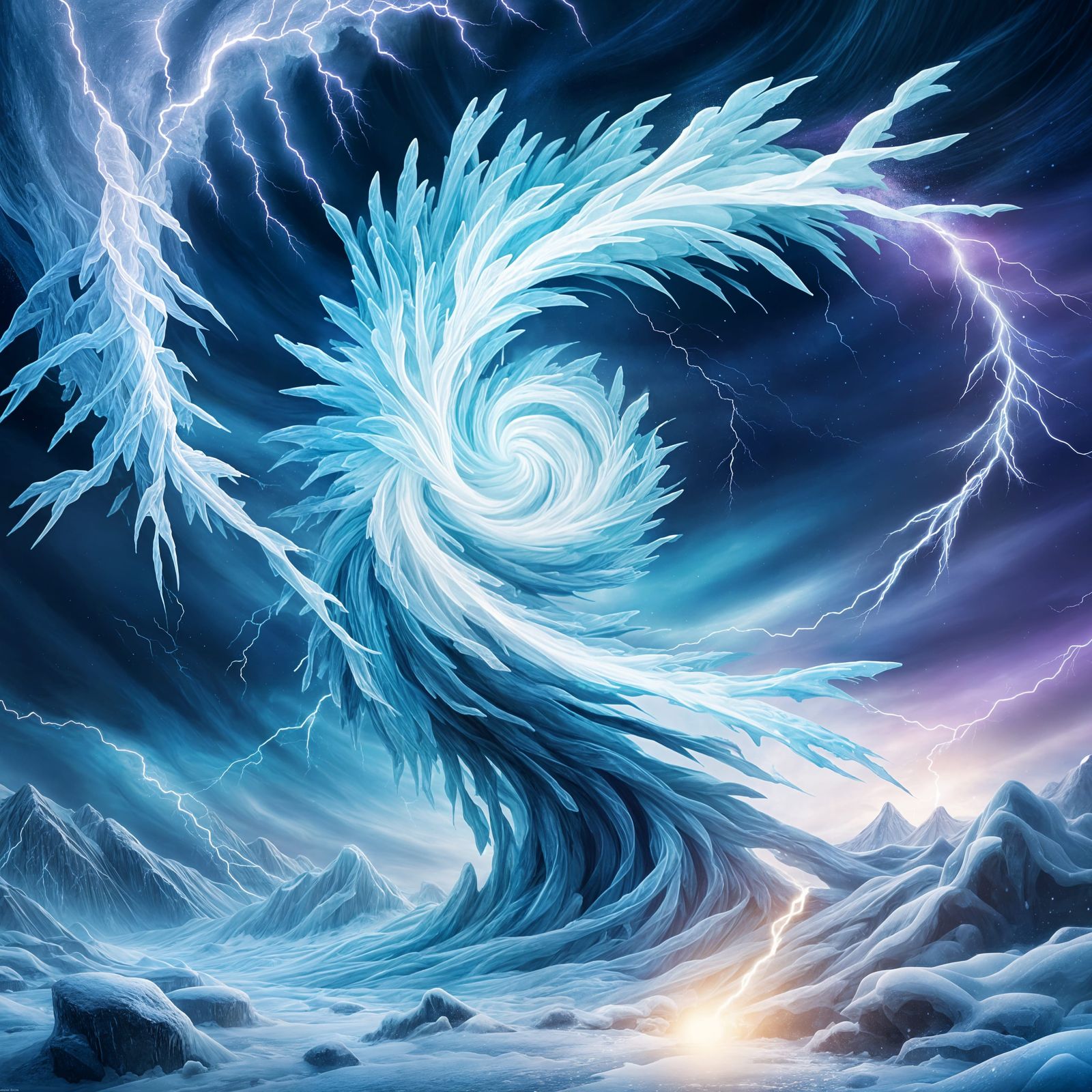 Hyperrealistic Ice Tornado with Lightning Storm