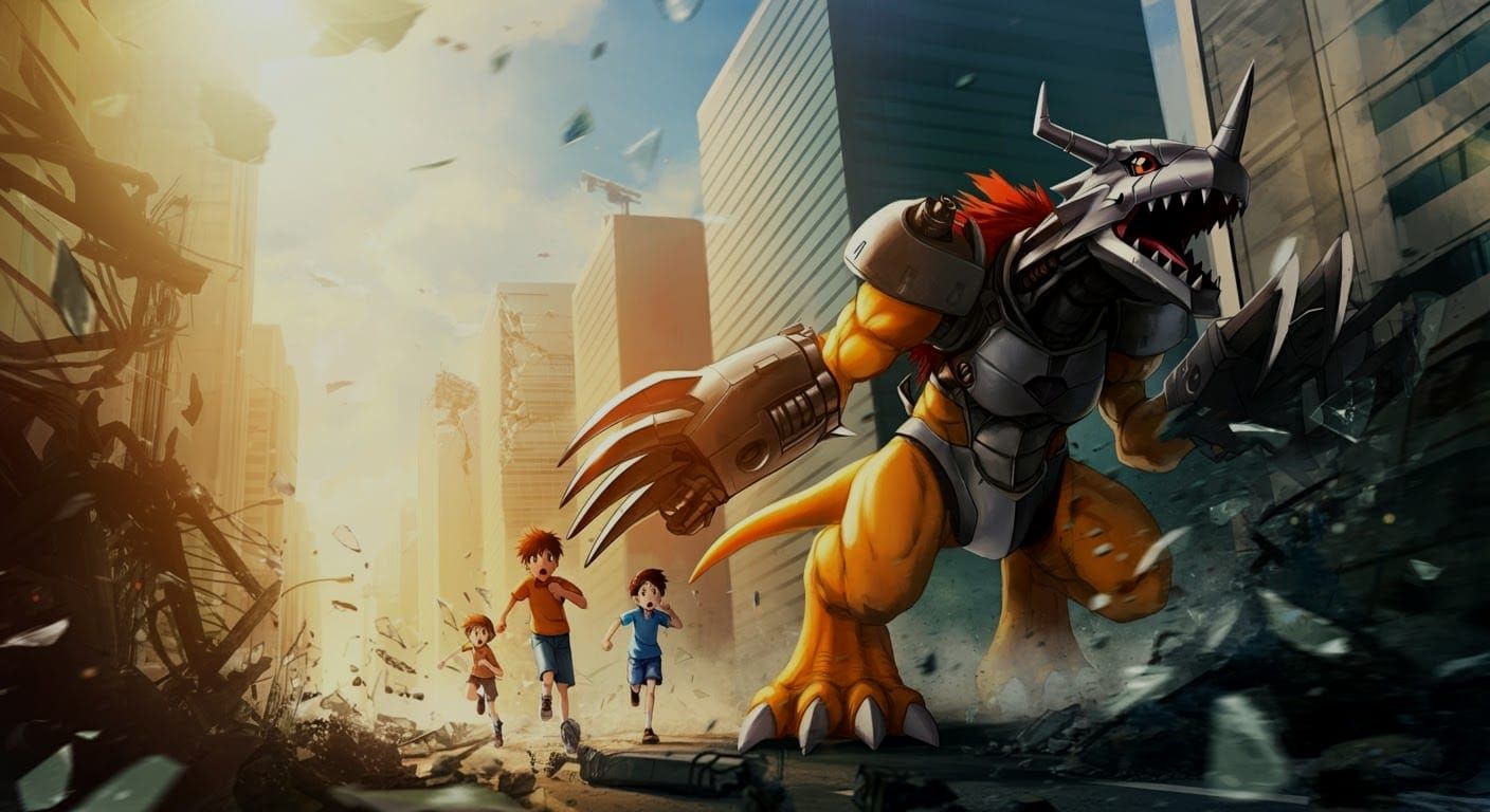 Metal Greymon's City Rampage: Detailed Splash Art
