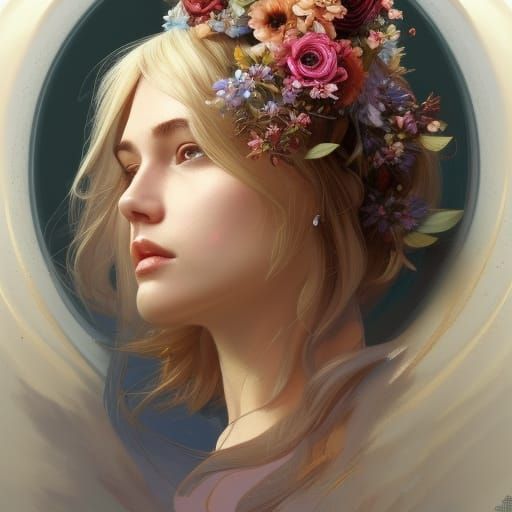 Floral Wreath Portrait in Art Nouveau Style