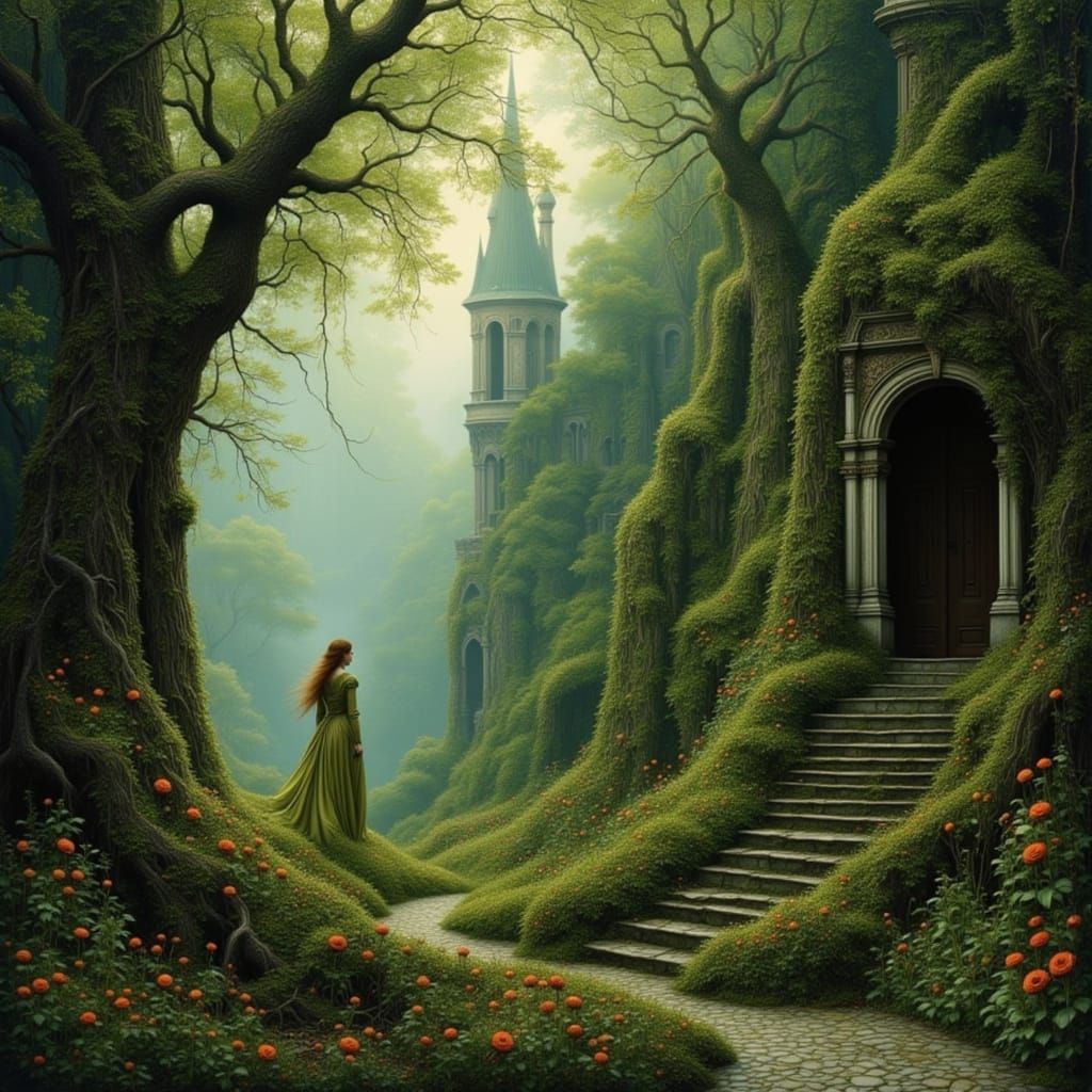 Enchanted Castle in Overgrown Forest, Folk Art Nouveau Style