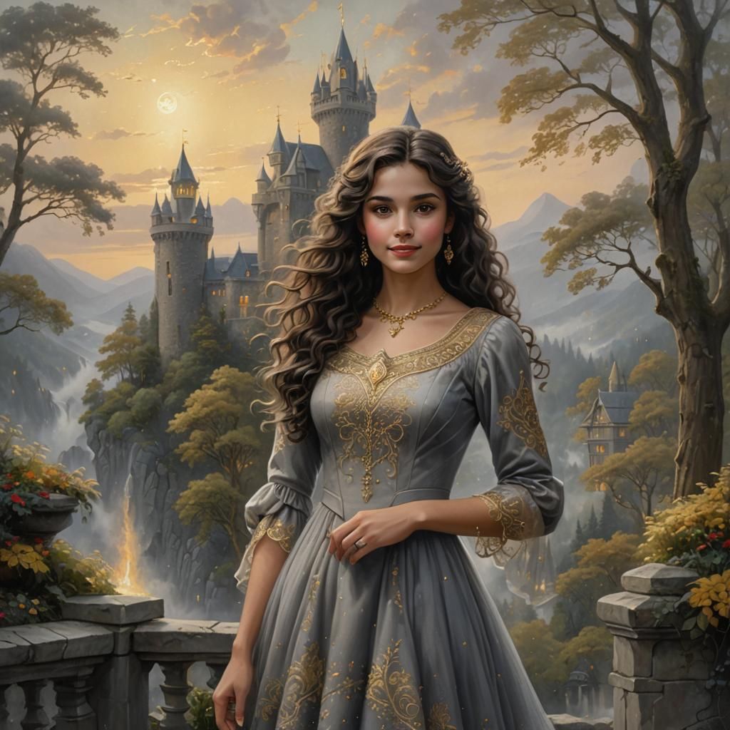 Ethereal Woman in Grey Dress by Stone Tower