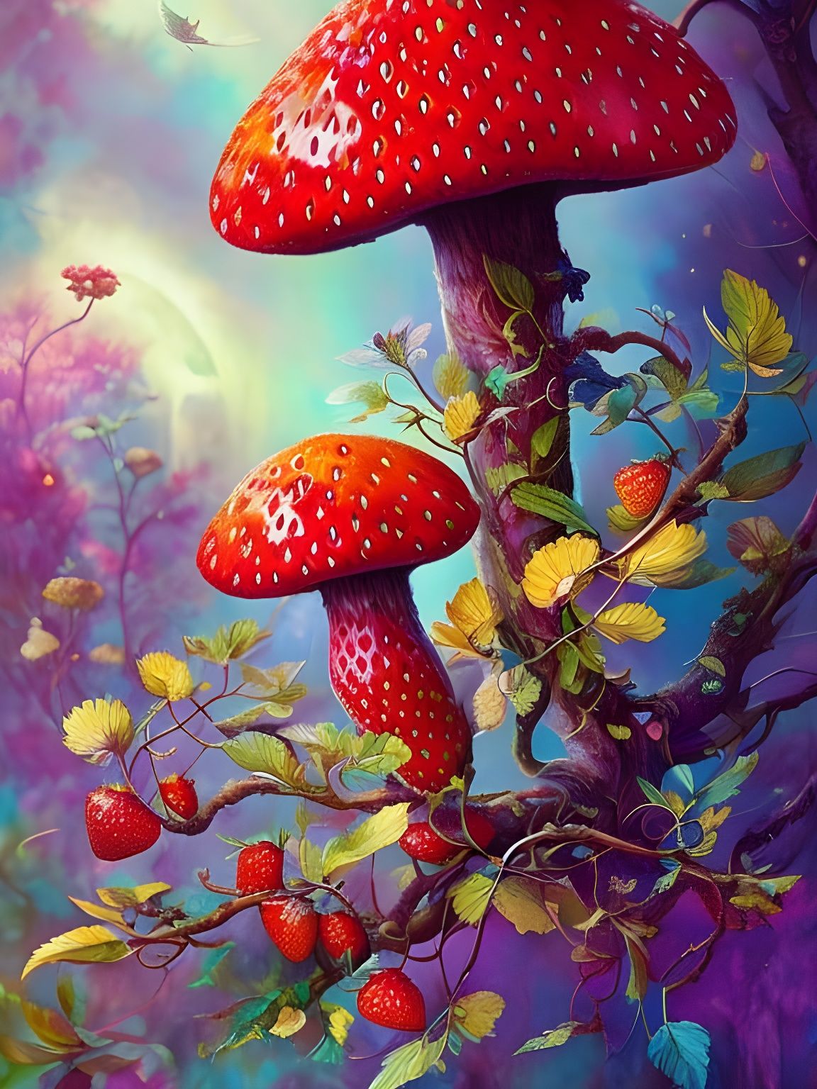 Chibi Strawberry Owl in Mushroom Forest