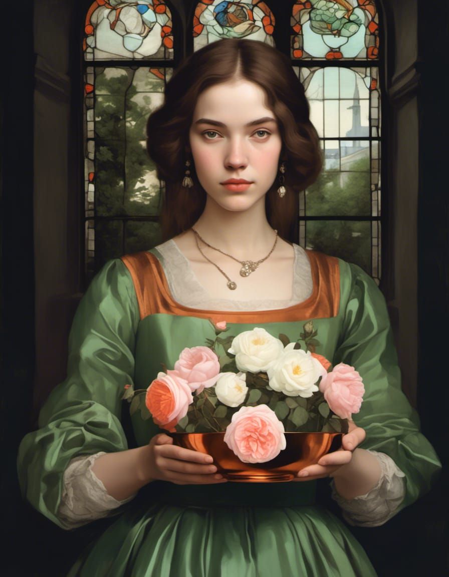 Renaissance Inspired Maiden Holding Copper Vessel in the Man...