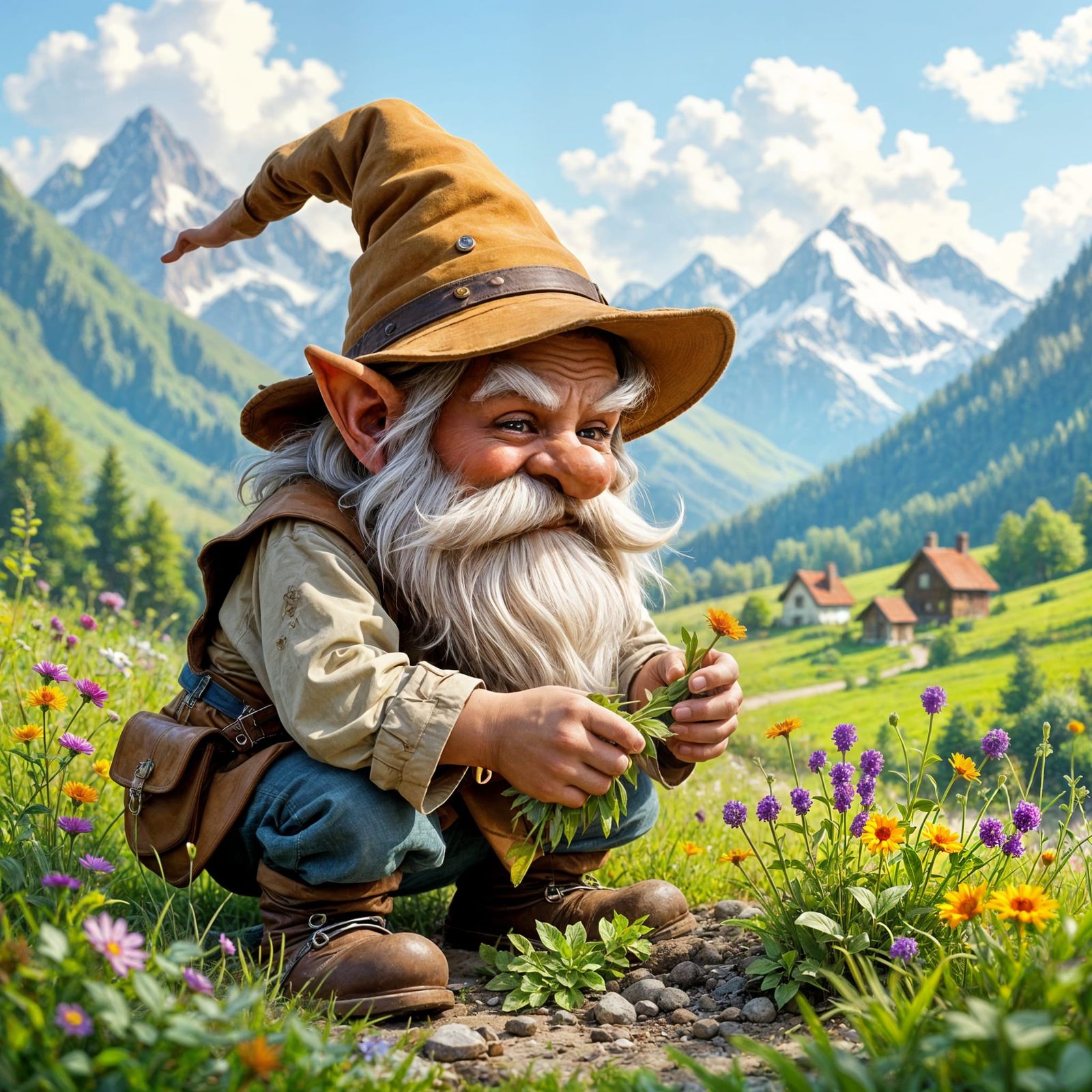 Gnome Gathering Herbs in Fairytale Valley