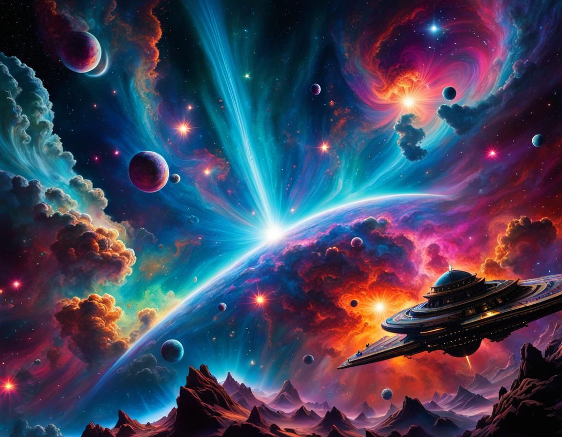 Spaceships Fly Across Nebula in Retro Art Deco