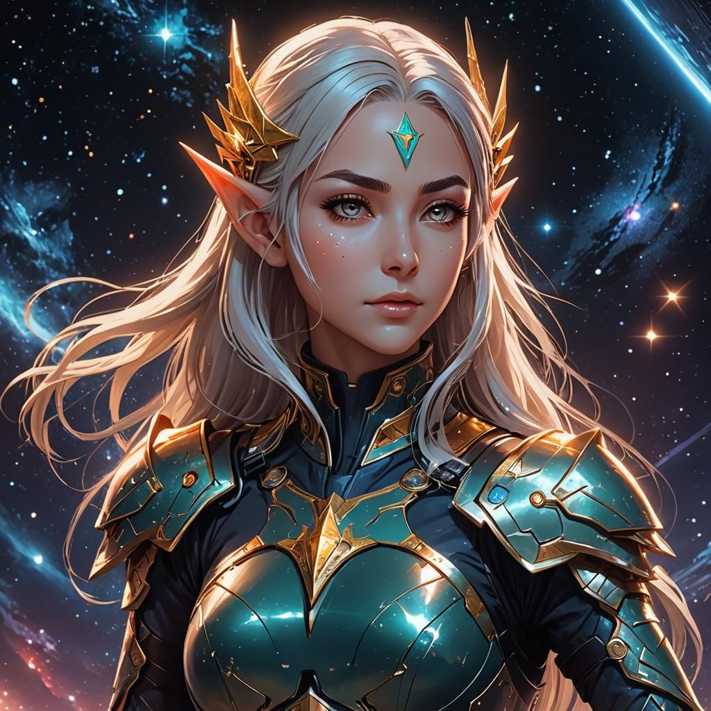 Elven Cyber Warrior in Space, Cel-Shaded Anime Art