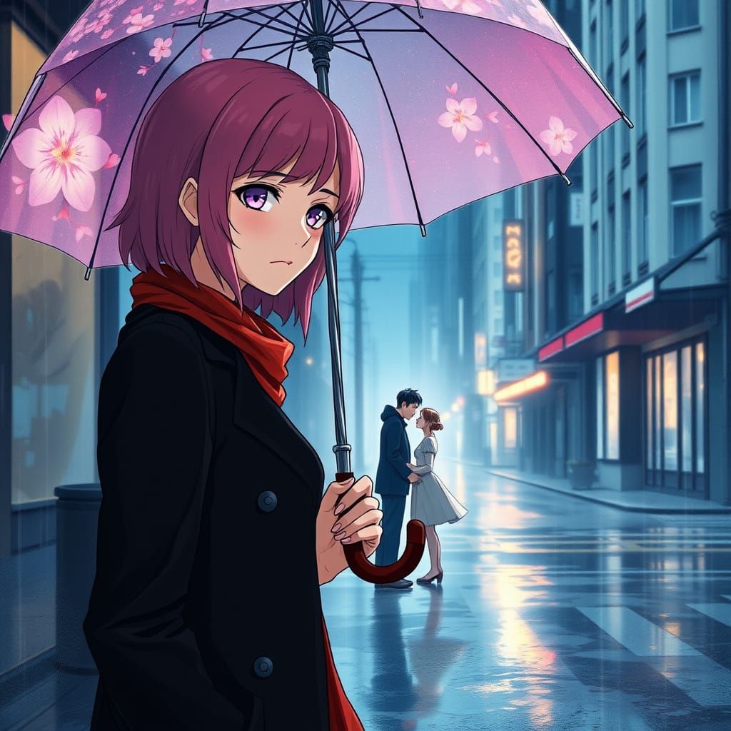 Heartbroken Beauty Under Rainy Skies in Anime Style